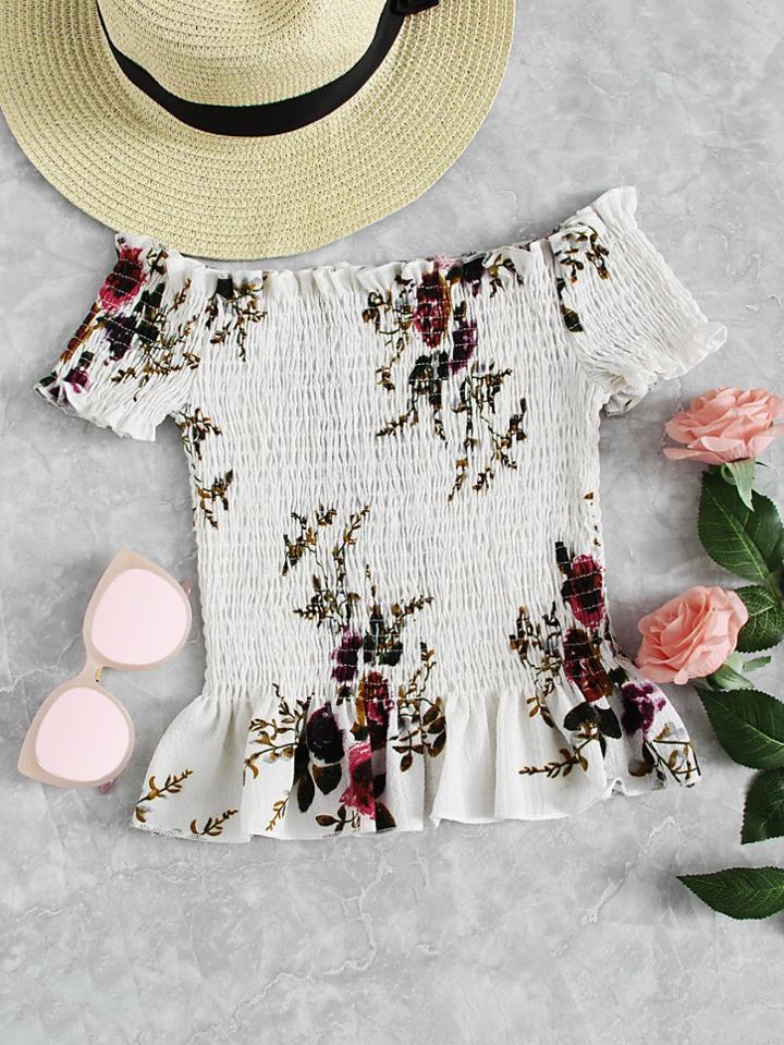 Romwe Floral Shirred Ruffle Hem Blouse