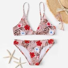 Romwe Random Leaf & Flower Print Low Rise Bikini