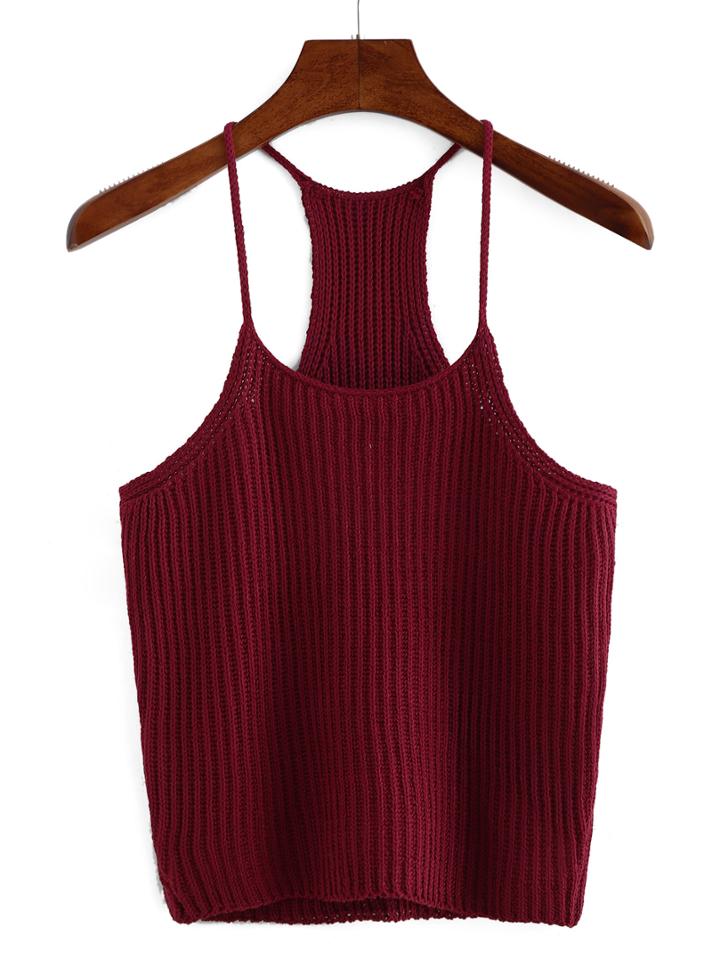 Romwe Burgundy Spaghetti Strap Knit Tank Top