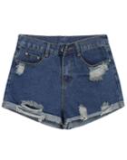 Romwe Vintage Ripped Denim Navy Shorts