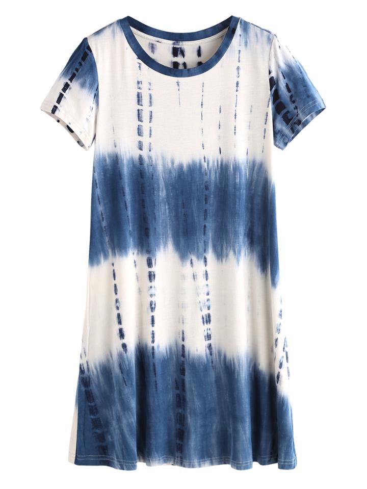 Romwe Navy Tie Dye Print Short Sleeve Tee Dress