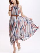 Romwe Ruffled Halter Neck Abstract Print Long Dress