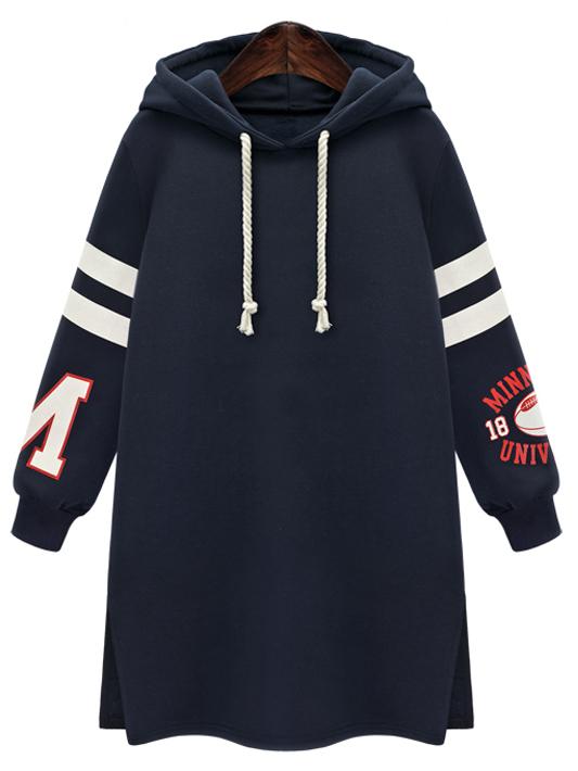 Romwe Hooded Drawstring Varsity-striped Slit Navy Dress