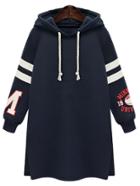 Romwe Hooded Drawstring Varsity-striped Slit Navy Dress