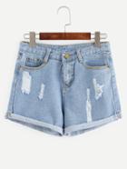 Romwe Ripped Rolled Hem Light Blue Denim Shorts