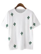 Romwe White Cactus Embroidery Casual T-shirt