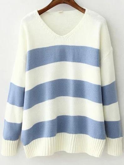 Romwe V Neck Striped Blue White Sweater