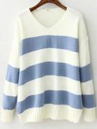 Romwe V Neck Striped Blue White Sweater