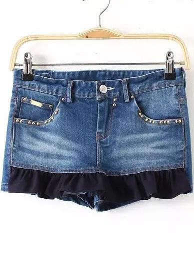 Romwe Contrast Chiffon Hem Denim Shorts