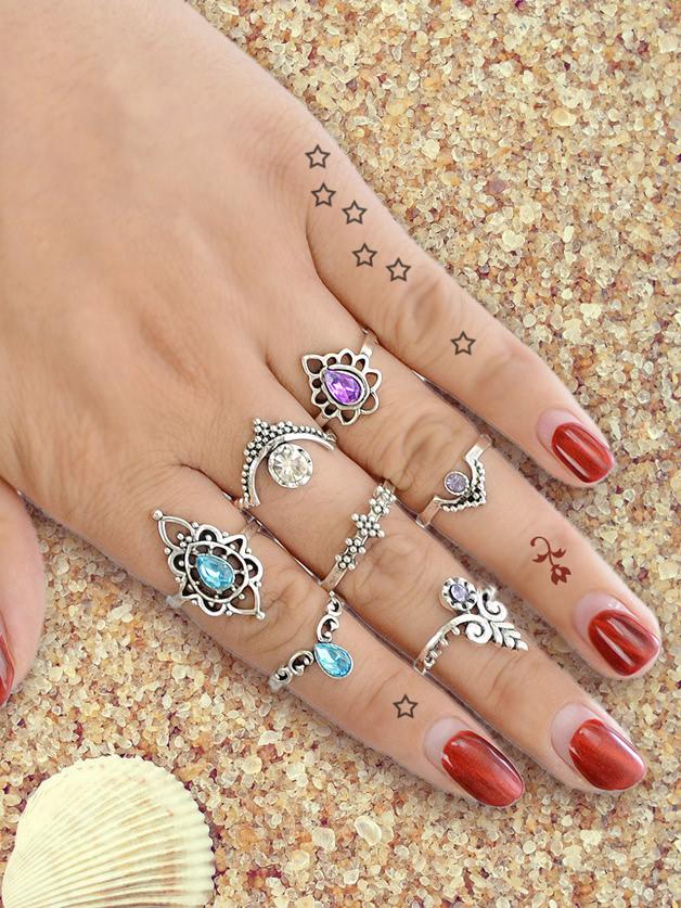 Romwe 7pcs/set Water Drop Geometric Knuckle Ring Set