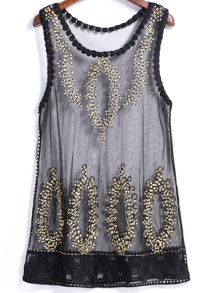 Romwe Round Neck Sheer Mesh Embroidered Vest