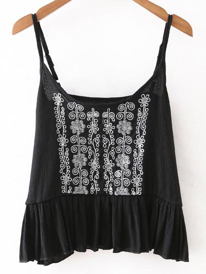 Romwe Black Ruffle Hem Embroidery Spaghetti Strap Tank Top