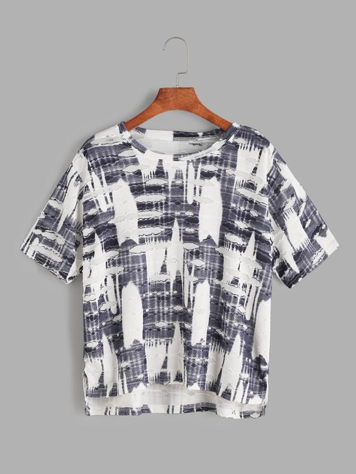 Romwe Frayed Tie Dye Dip Hem Tee