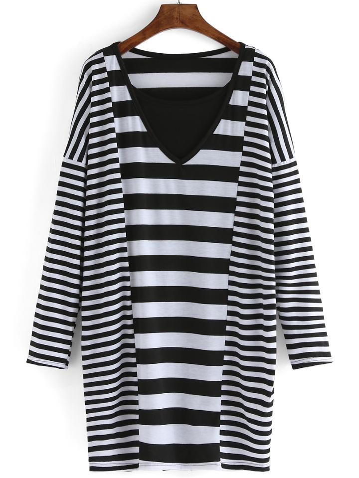 Romwe Striped Long Black White T-shirt