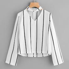Romwe Choker Neck Dip Hem Striped Top