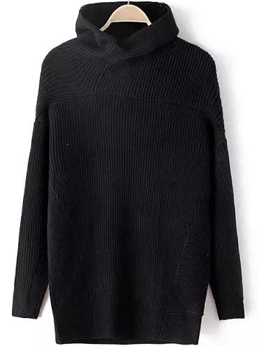 Romwe Turtleneck Asymmetrical Black Sweater