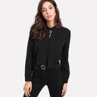 Romwe Faux Pearl Mock Neck Keyhole Back Blouse