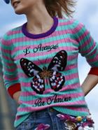 Romwe Pink Green Striped Butterfly Embroidered Sweatshirt