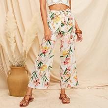 Romwe Floral Print Tie Waist Pants