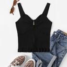 Romwe Zip Up Ruffle Hem Rib-knit Bralette Top