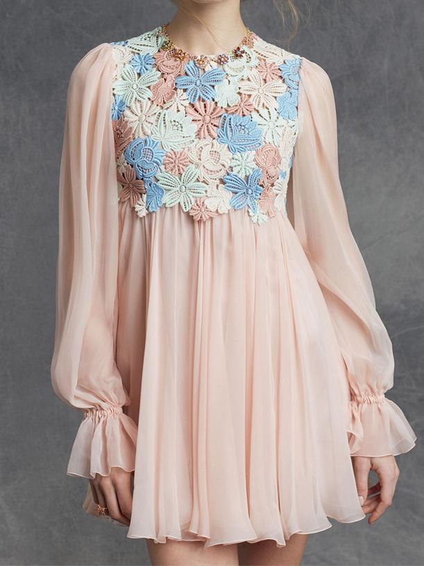 Romwe Pink Round Neck Floral Crochet Pleated Dress