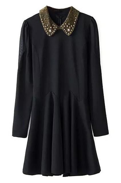Romwe Beaded Collar Pleated Black Dress