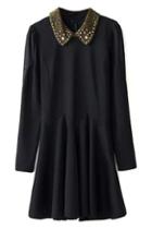 Romwe Beaded Collar Pleated Black Dress