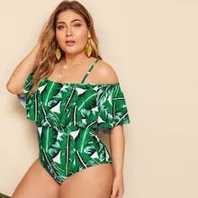 Romwe Plus Leaf Print Flounce One Piece Swimwear