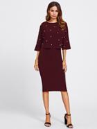 Romwe Pearl Embellished Front Top & Pencil Skirt Set