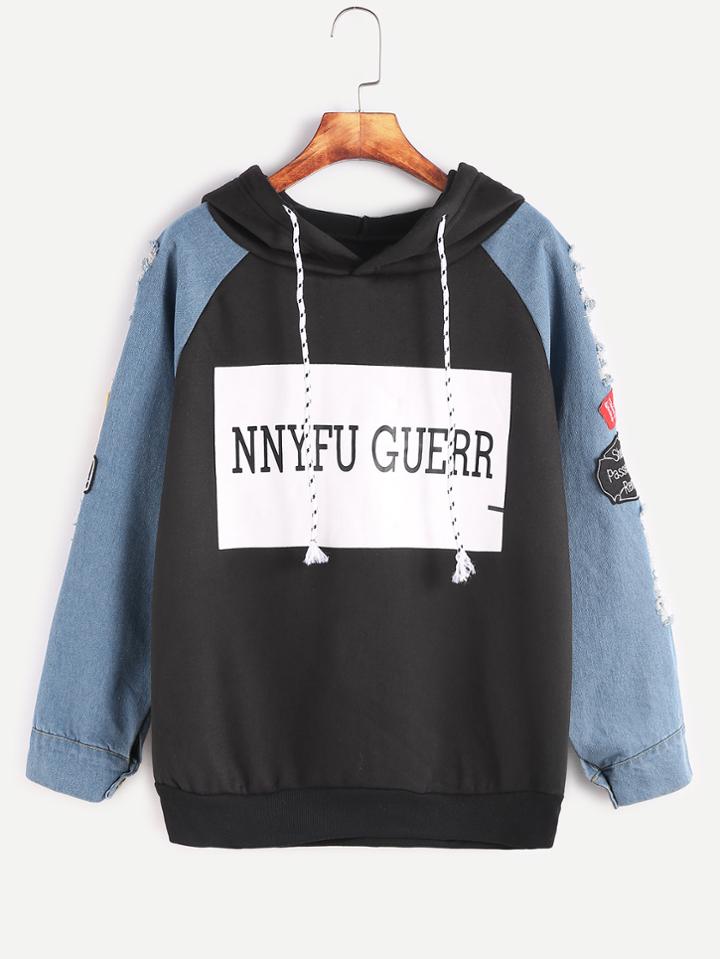 Romwe Contrast Raglan Sleeve Printed Ripped Patches Hooded Sweatshirt
