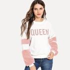 Romwe Contrast Faux Fur Letter Sweatshirt