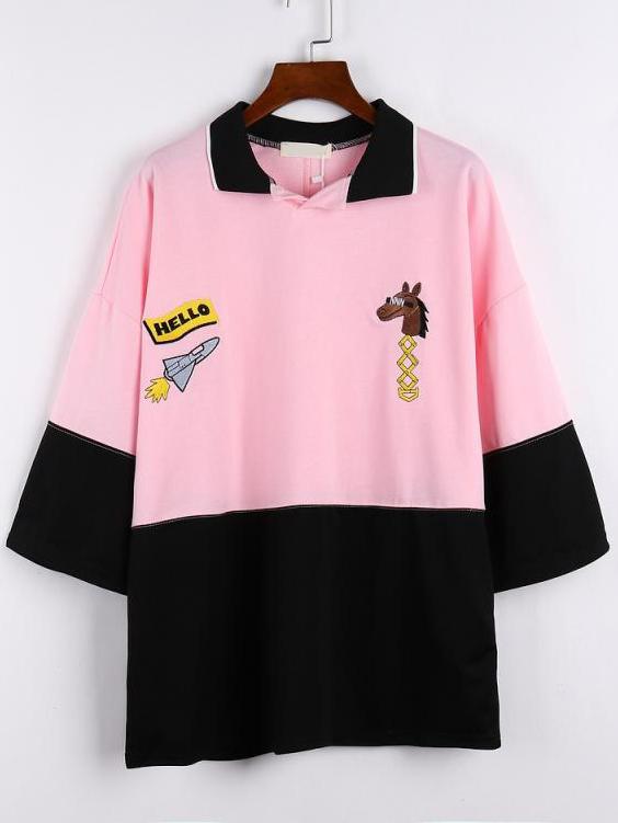 Romwe Polo Neck Horse Embroidered Pink Sweatshirt