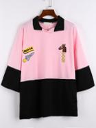 Romwe Polo Neck Horse Embroidered Pink Sweatshirt
