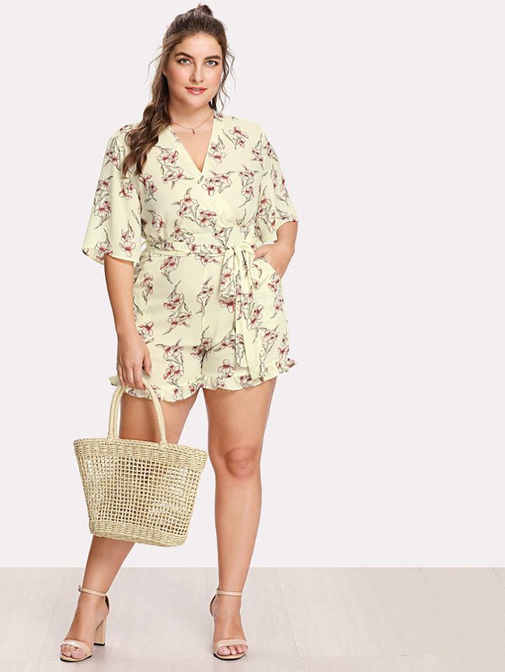 Romwe Surplice Neckline Self Tie Florals Romper