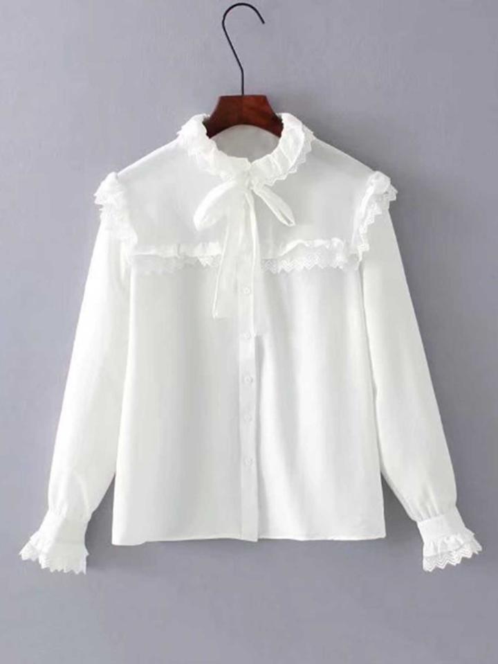 Romwe Zigzag Insert Tie Neck Blouse