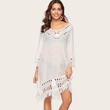 Romwe Contrast Crochet Fringe Hem Cover Ups