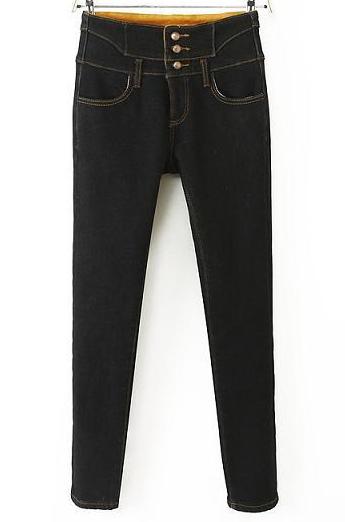Romwe Buttons Pockets Denim Black Pant