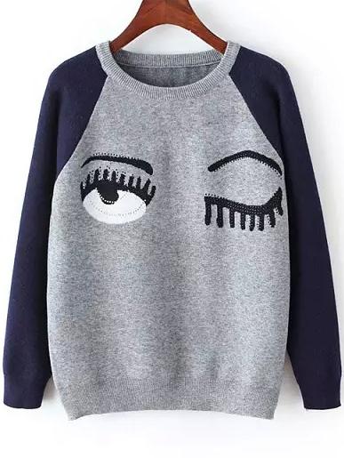 Romwe Eye Print Bead Colour-block Knitwear