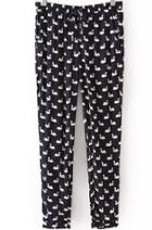 Romwe Drawstring Swan Print Black Pant