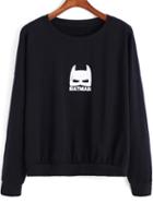 Romwe Black Round Neck Batman Print Loose Sweatshirt