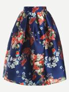 Romwe Blue Fruit Print Box Pleated Volume Skirt
