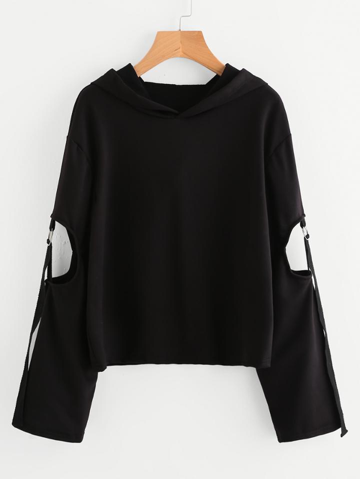 Romwe Cut Out Sleeve O-ring Detail Hoodie