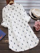 Romwe Rabbit Print Rolled Sleeve Shirt Dress