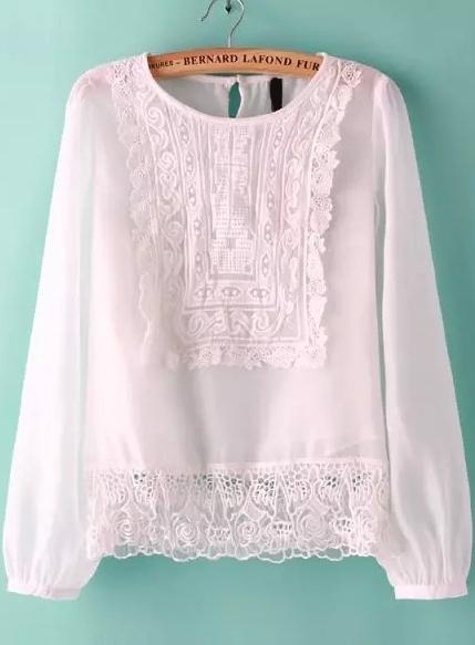 Romwe Long Sleeve With Lace Embroidered Blouse