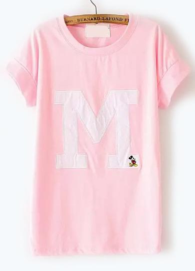 Romwe M Mickey Embroidered Pink T-shirt