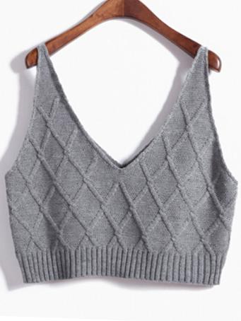 Romwe Deep V Neck Diamondback Grey Vest Sweater