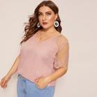 Romwe Plus V-neck Floral Lace Sleeve Top