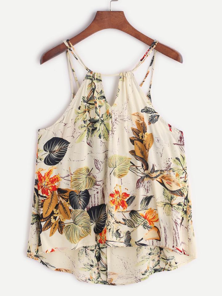 Romwe Tropical Print Dip Hem Cami Top