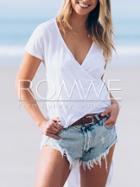 Romwe White Short Sleeve V Neck Asymmetric T-shirt