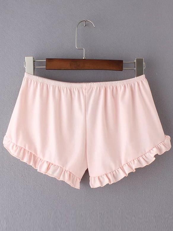 Romwe Elastic Waist Ruffle Trim Shorts